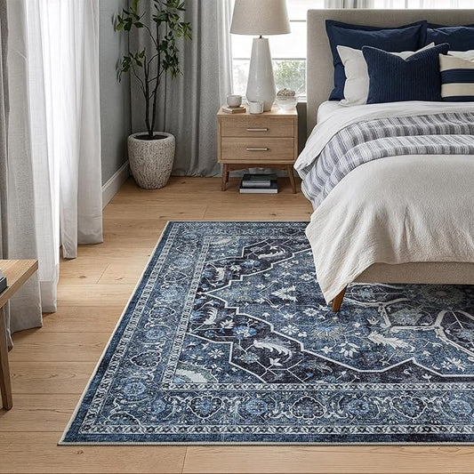 Bloom Rugs Caria Washable Non-Slip 4x6 Rug - Blue/Charcoal Traditional Area Rug for Living Room, Bedroom, Dining Room, and Kitchen - Exact Size: 4' x 6'