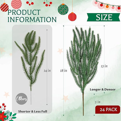 Der Rose 24Pcs Christmas Norfolk Pine Stems, 18 Inch Artificial Pine Branches Faux Cedar Stems Greenery Picks for Xmas DIY Crafts Wreath Garland Home Outdoor Christmas Decorations Indoor
