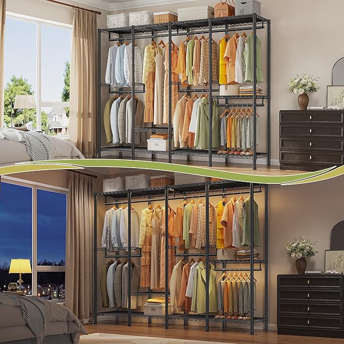 Raybee Clothes Rack for Hanging Clothes,Clothing Rack with Shelves,Portable Closet,Adjustable,76" W x 77" H x 18" D,Max Load 1150lbs,Black