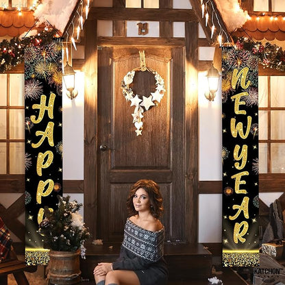 KatchOn, XtraLarge Happy New Year Banner 2026-72x12 Inch | Happy New Year Door Banner for Black and Gold New Years Decorations 2026 | Front Porch Sign, New Years Eve Party Supplies 2026 | NYE Decor