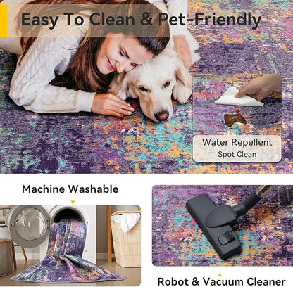 Washable Area Rugs 2'x3' Non-Slip Modern Abstract Soft for Living Room Entryway Bedroom Nursery, Print Pattern, Purple Orange Blue Green Rust Red Colorful