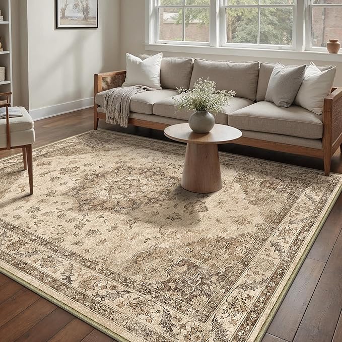 Brown Area Rug 4x6 Washable Vintage Carpet for Office Living Room Soft Retro Low Pile Thin Indoor Rug Non Slip Oriental Medallion Floor Cover for Bedroom Kitchen Dining Room
