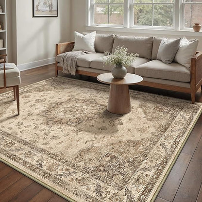Brown Area Rug 4x6 Washable Vintage Carpet for Office Living Room Soft Retro Low Pile Thin Indoor Rug Non Slip Oriental Medallion Floor Cover for Bedroom Kitchen Dining Room