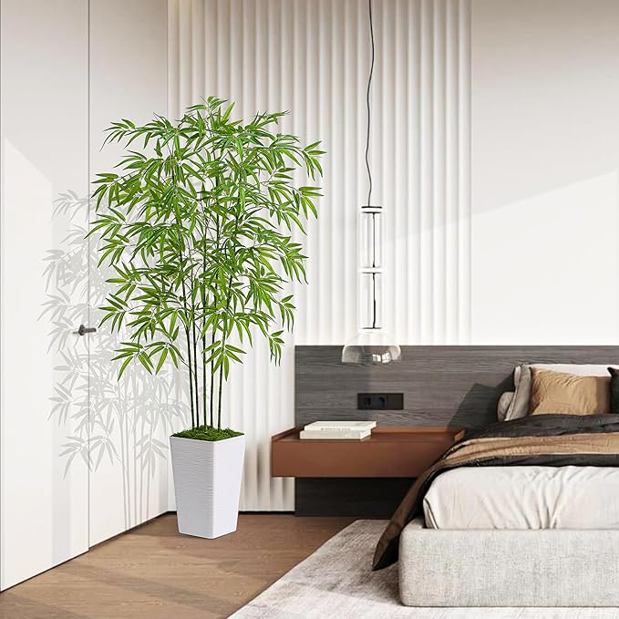 Artificial Bamboo Tree 5FT Tall Fake Plants Faux Bamboo Plant with White Tall Planter, Artificial Fake Trees Silk Plant with 5 Trunks and Lifelike Leaves for Home Office Indoor Outdoor Decor