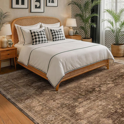 Taupe Brown Living Room Rug 6x9 - Vintage Traditional Eclectic Unique Neutral, Washable Low Pile Non-Slip Large Area Rugs for Dining Under Table Bedroom Lounge