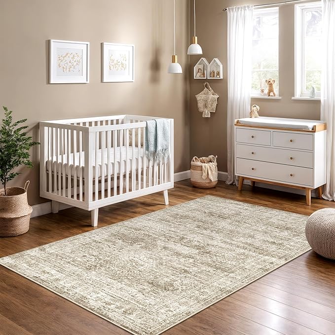 3x5 Washable Area Rug for Entryway, Soft Kitchen Rugs Non Slip for Dining Room, Vintage Abstract Living Room Rug, Thin Area Rugs Indoor for Bedroom, Kids Room Decor(3'x5', Brown/Ivory)