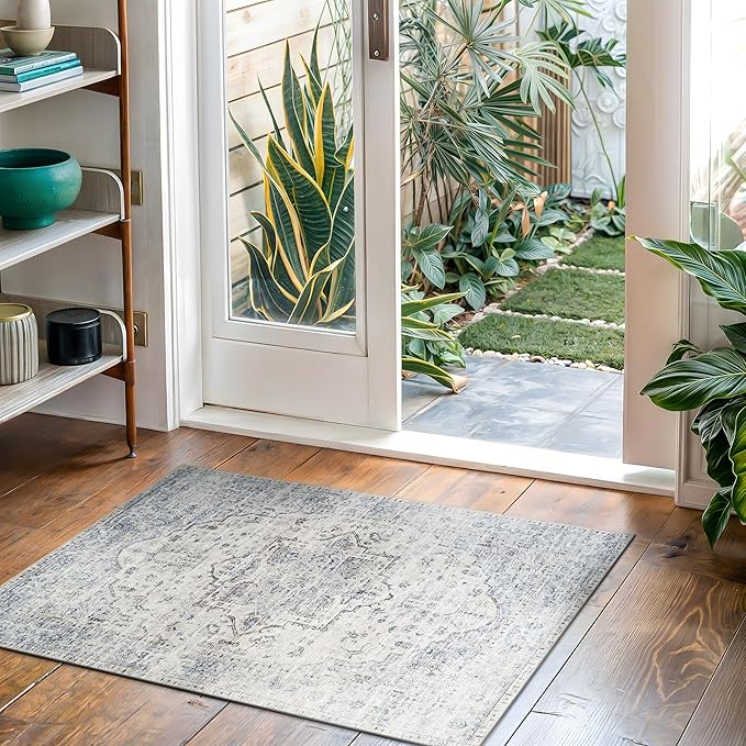Bloom Rugs Washable Non-Slip 2x3 Rug - Ivory/Blue/Gray Traditional Oriental Area Rug for Living Room, Bedroom, Dining Room, and Kitchen - Exact Size: 2' x 3'