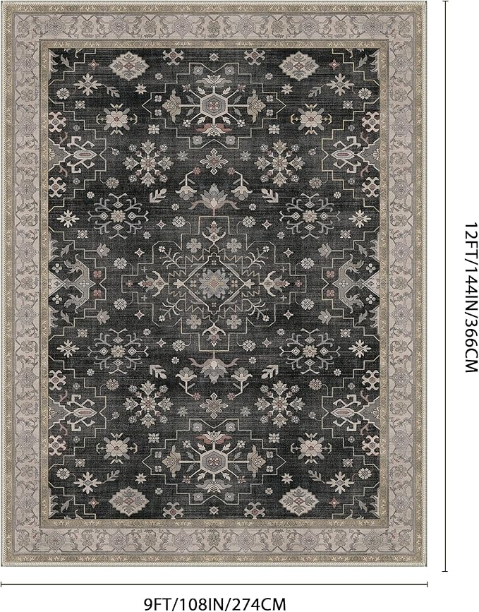 GENIMO 9x12 Area Rugs for Living Room,Machine Washable Non-Slip Vintage Rug, Low Pile Lightweight Carpet for Bedroom, Dining Room, Home Office, Stain & Fade Resistant,Black