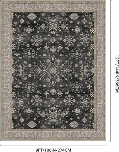 GENIMO 9x12 Area Rugs for Living Room,Machine Washable Non-Slip Vintage Rug, Low Pile Lightweight Carpet for Bedroom, Dining Room, Home Office, Stain & Fade Resistant,Black