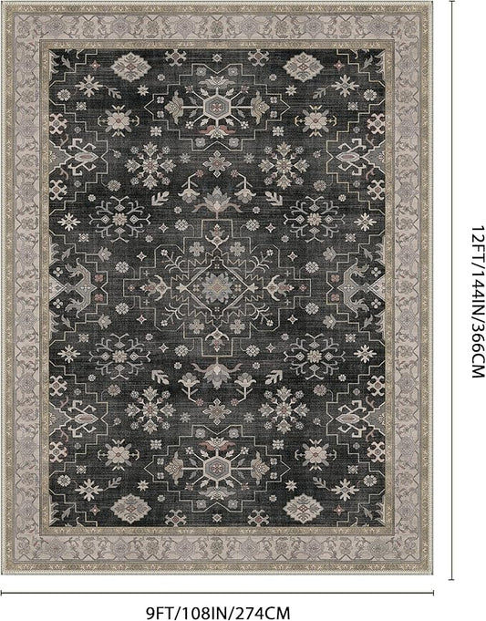 GENIMO 9x12 Area Rugs for Living Room,Machine Washable Non-Slip Vintage Rug, Low Pile Lightweight Carpet for Bedroom, Dining Room, Home Office, Stain & Fade Resistant,Black