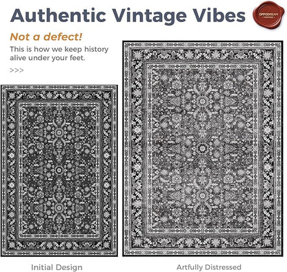 OPPODREAM Thin Vintage Black 2x8 Runner Rug, 2 x 8 Retro Washable Rug Non Slip, Low-Pile Faux Wool Carpet, Distressed Floor Mat for Kitchen, Hallway, Entry-Way, Entrance, Indoor Back Door