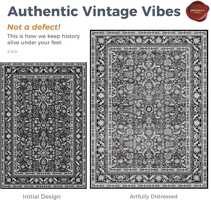 OPPODREAM Thin Vintage Black 3x6 Runner Rug, 3 x 6 Retro Washable Rug Non Slip, Low-Pile Faux Wool Carpet, Distressed Floor Mat for Kitchen, Hallway, Entry-Way, Entrance, Indoor Back Door