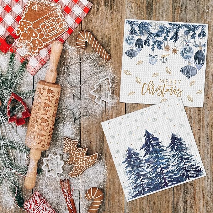 Artoid Mode Blue Xmas Tree Leaves Pinecone Christmas Kitchen Dish Cloths, 12x12 Inch Quick Dry Microfiber Dishcloths for Kitchen Dish Rags Set of 4
