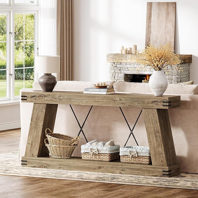 Tribesigns 70.9" Farmhouse Console Table, Long Sofa Table Behind Couch with Storage, Narrow Console Station, Industrial Rustic Entryway Furniture for Hallway, Entry, Living Room (1, Light Brown Oak)