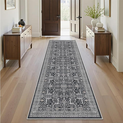 Washable 2x8 Runner Rug - Non Slip Vintage Kitchen Runner Rugs Low-Pile Distressed Long Rugs for Hallway Waterproof Indoor Carpet for Living Room Bedroom Entryway 2x8 Black