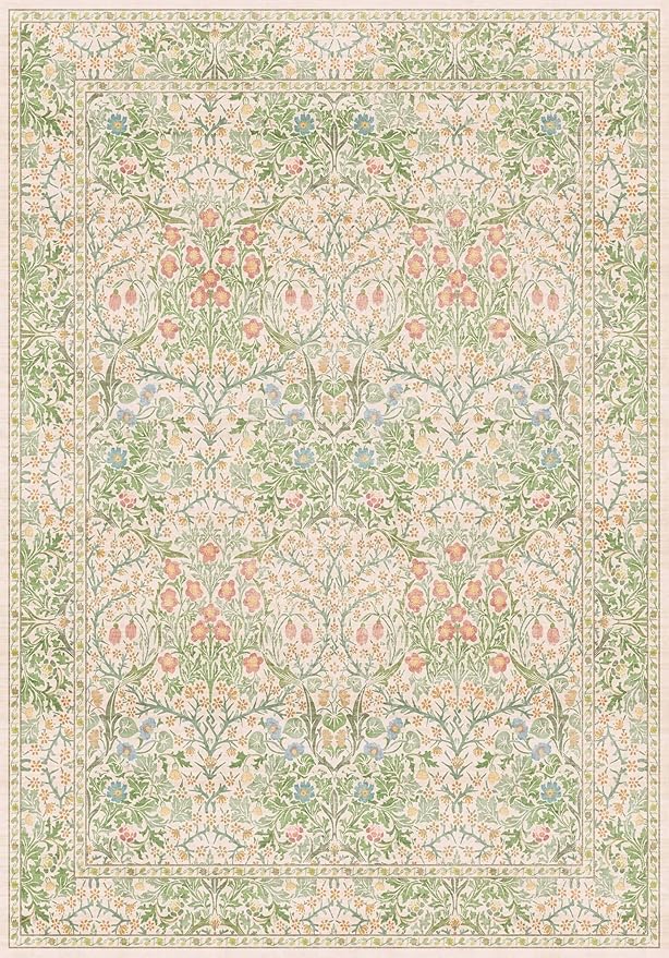 Hazo Haus Light Beige Green Botanical Living Room Rug, 7x10 Washable Area Rug for Kids Room, Bedroom, Nursery Room, Living Room, Dining Room, Low Pile Non-Slip - Vintage Design & Fade Resistance
