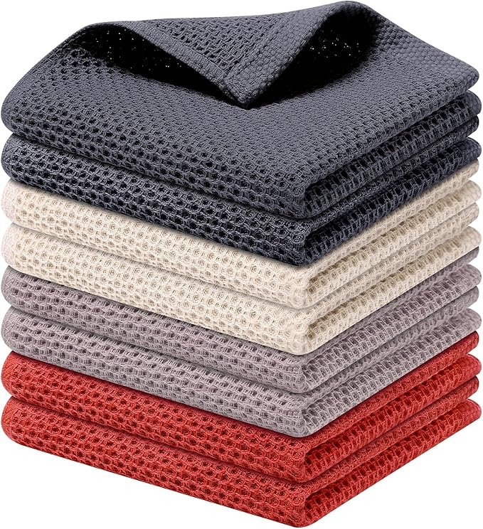 Kitinjoy 100% Cotton Kitchen Dish Cloths, 8 Pack Waffle Weave Ultra Soft Absorbent Dish Towels for Drying Dishes, Quick Drying Dish Rags, 12 X 12 Inch, Multicolor