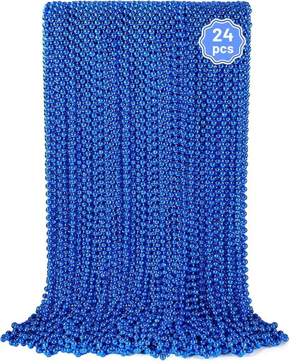 YAXINRUI 24 PCS Blue Bead Necklaces, Blue Mardi Gras Christmas Bead Necklaces, 33 Inch Round Patriotic Necklace, Beads Party Favors for Mardi Gras Christmas 4th of July Festive Events
