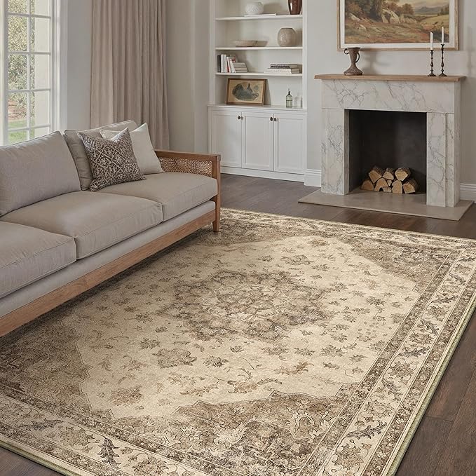 Brown Area Rug 8x10 Washable Vintage Carpet for Living Room Bedroom Large Soft Retro Low Pile Thin Indoor Rug Non Slip Oriental Medallion Floor Cover for Dining Room Office