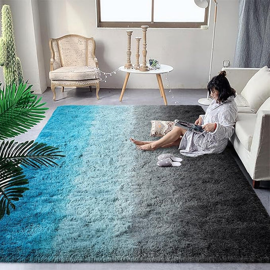 DweIke Luxury Fluffy Kids Rugs for Living Room Bedroom, 4x6 Feet Shaggy Black and Blue Area Rug for Girls Boys, Upgrade Plush Non-Slip and Washable Colorful Fuzzy Carpet for Dorm Nursery Decor