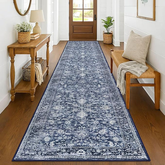 KILOCOCO Runner for Hallway 3x14 Runner Rug Printed Vintage Floral Washable Rug Kitchen Runners Soft Non-Slip Low Pile Hallway Runners Laundry Room Distressed Boho Rugs, Blue