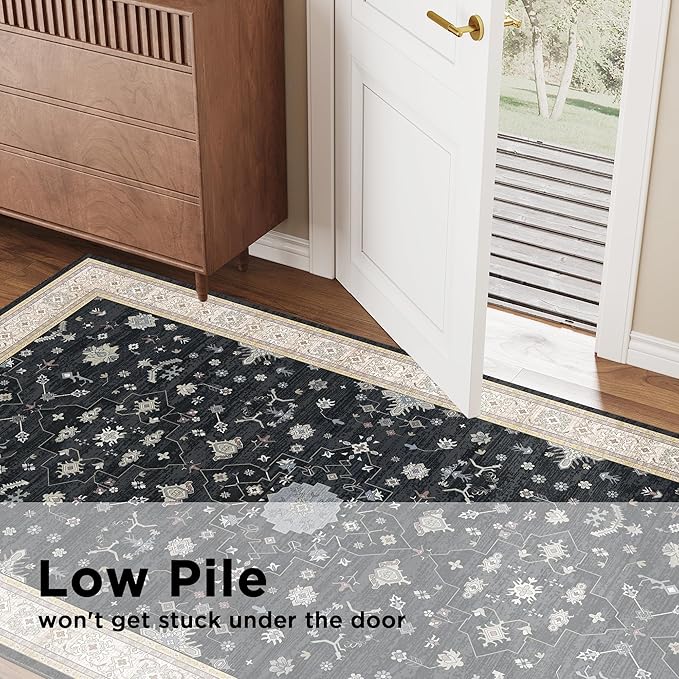 Large Rugs for Living Room, 8x10 Black Washable Rug for Bedroom, Soft Boho Indoor Carpets, Big Modern Kids Room Rug, Non-Slip Low Pile Mat for Office Home Dining Room Christmas Decor, Black/Gold