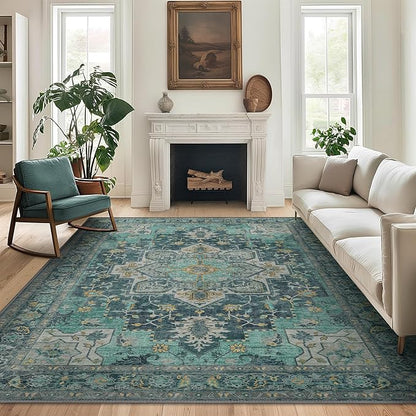GENIMO 9x12 Area Rugs for Living Room, Machine Washable Non Slip Vintage Rugs, Low Pile Lightweight Chenille Print Rug for Bedroom, Dining Room, Home Office, Dark Green