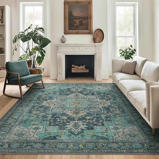 GENIMO 9x12 Area Rugs for Living Room, Machine Washable Non Slip Vintage Rugs, Low Pile Lightweight Chenille Print Rug for Bedroom, Dining Room, Home Office, Dark Green