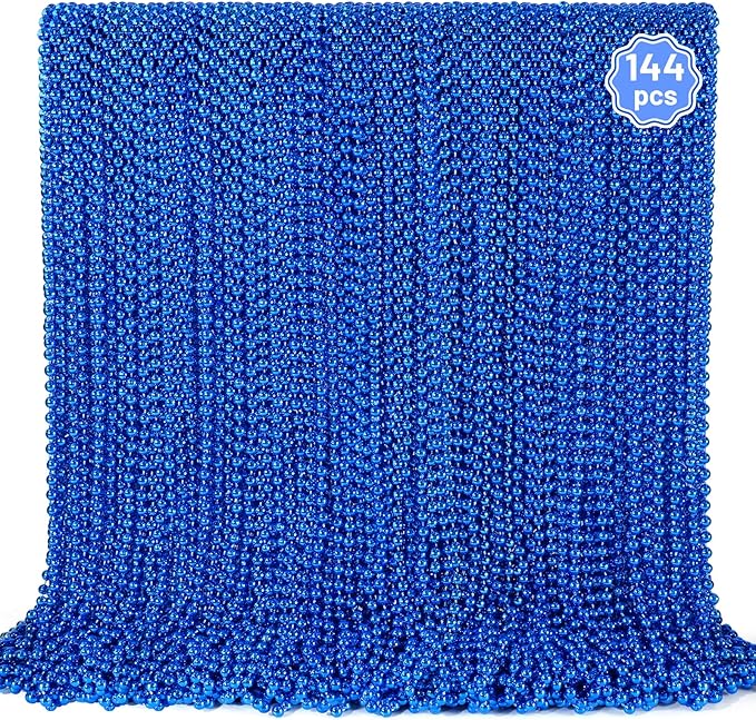 YAXINRUI 144 PCS Blue Bead Necklaces, Blue Christmas Mardi Gras Beads, Patriotic Necklace, 33 Inch Round Beaded Necklaces for Mardi Gras Christmas 4th of July Festive Events