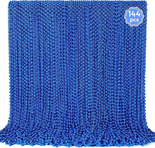 YAXINRUI 144 PCS Blue Bead Necklaces, Blue Christmas Mardi Gras Beads, Patriotic Necklace, 33 Inch Round Beaded Necklaces for Mardi Gras Christmas 4th of July Festive Events