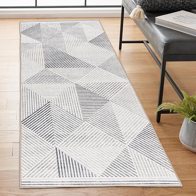 ReaLife Rugs Machine Washable Area Rug Runner - Living Room Bedroom Bathroom Kitchen Entryway Office - Padded Low Pile Stain Resistant Premium - Modern Geometric Contemporary - Miles - Gray 2'6" x 8'