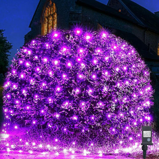 WBao Halloween Lights Outdoor 360LED 11.5ft x 6.9ft Halloween Net Lights with 8 Modes, Timer, Connectable, Waterproof & Dark Green Wire for Lawn, Bushes, Shrubs Outdoor Holiday Decorations, Purple