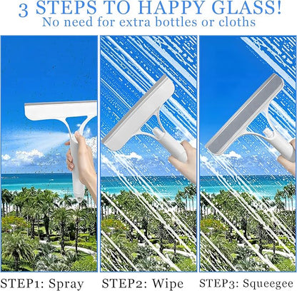3 in 1 Window Cleaning Scraper with Spray,Glass Squeegee with Removable Hook-and-Loop Scrubbing Sponge,Mirror Cleaner Tool for Home,Car Windshield,Shower Glass,Easy Scrubbing & Streak-Free Cleaning