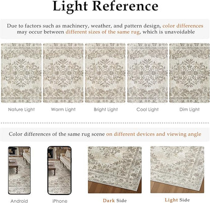 5x7 Area Rug Beige Washable Vintage Distressed Living Room Carpet Large Bedroom Indoor Medallion Floral Non Slip Retro Throw Floor Mat for Office Dining Room Kitchen Bathroom