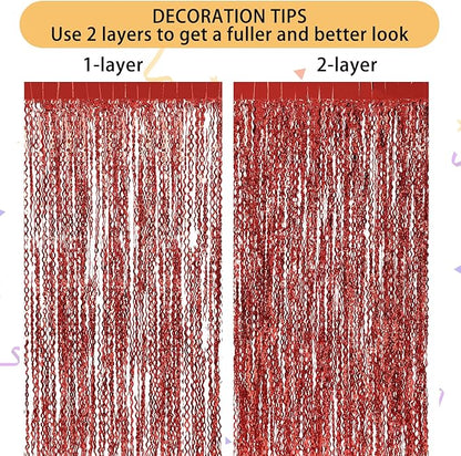 3 Pack Red Aluminium Foil Curtains, 3.3ft x 6.6ft, Wavy Shape, for Party Decorations & Photo Background