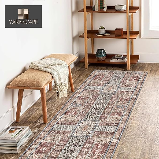 Vintage 2'6'' x 8' Washable Area Rug - Stylish Indoor Rug for Living, Dining or Bedroom - Lightweight Carpet with Non-Slip Backing - Foldable for Easy Placement and Maintenance - Rust