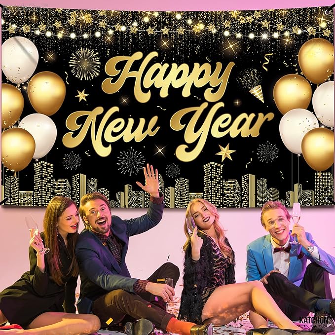 KatchOn, XtraLarge Happy New Year Banner - 72x44 Inch | Happy New Years Decorations 2026 | Happy New Year Backdrop, New Years Eve Party Supplies 2026 | New Years Eve Backdrop for NYE Decorations 2026