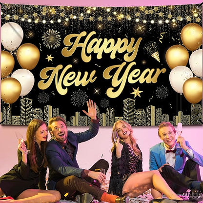 KatchOn, XtraLarge Happy New Year Banner - 72x44 Inch | Happy New Years Decorations 2026 | Happy New Year Backdrop, New Years Eve Party Supplies 2026 | New Years Eve Backdrop for NYE Decorations 2026