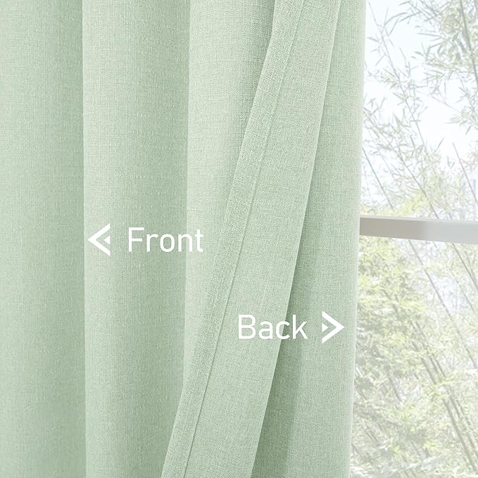 LAMIT Light Green Linen Blended Curtains for Bedroom, 54 inches Grommet Thermal Insulated Thick Cottage Curtains Light Reducing Window Treatment Drapes for Living Room, Set of 2 Panels, W52 x L54