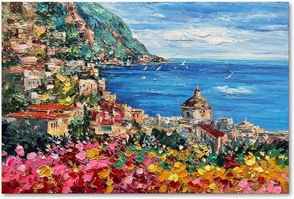 Art Hand Painted Seaside Town Landscape Oil Painting Modern Abstract Art Home Wall Deco Art 30x45 inches