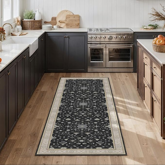Washable 2x6 Runner Rugs for Kitchen Hallway,Black Boho Rug for Bedroom Bedside Laundry Room Bathroom Rug, Non Slip Low Pile Soft 24 x 72 Floor Modern Carpet, Black/Gold