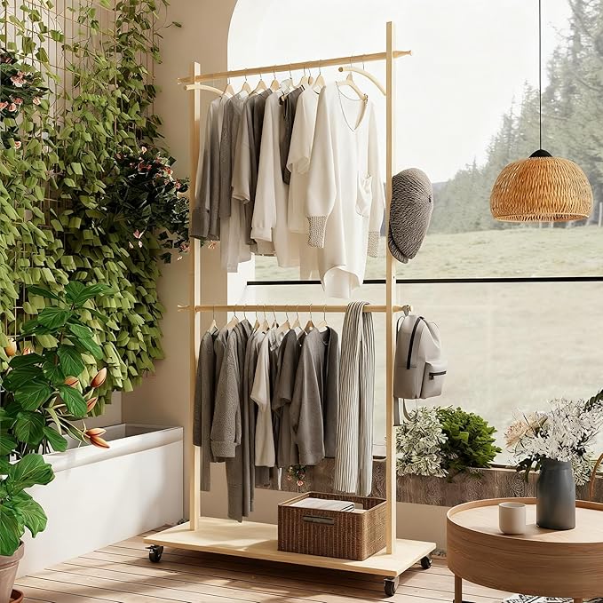 Solid Wood Coat Rack with 6 Hangers & Wheels, Freestanding Garment Rack with Shelf & 4 Hooks for Hanging Clothes, Heavy Duty Coat Stand for Hallway, Bedroom