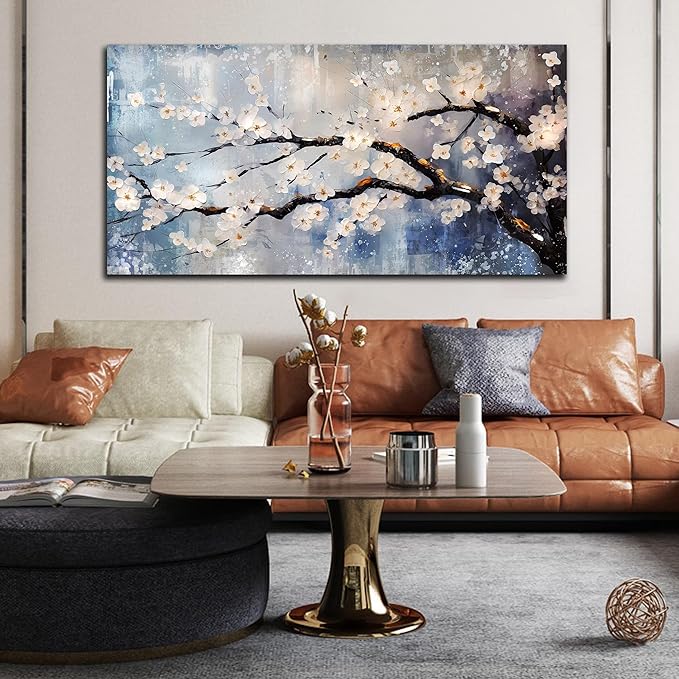 Plum Blossom Tree Wall Art - Blue Wall Decor - Asian Wall Art for Living Room Large Size Bedroom Office Pictures Size 29" x 59"