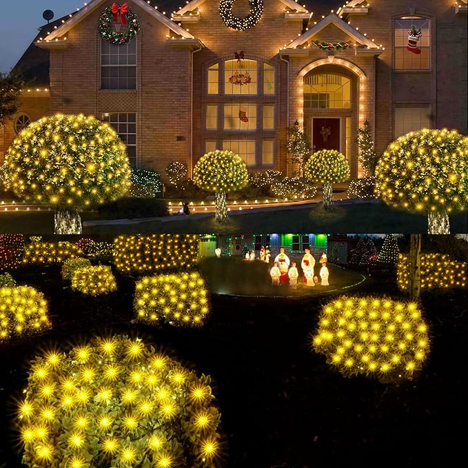 WBao Outdoor Christmas Lights, 360LED 11.5ft x 6.9ft Net Lights with 8 Modes, Timer, UL Certified, End to End Connectable, Waterproof for Lawn, Bushes, Trees Outdoor Christmas Decorations, Warm White