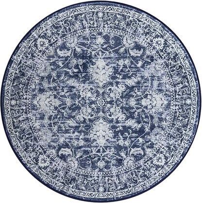 KILOCOCO Area Rug 5ft Round Living Room Rug Washable Printed Vintage Floral Bedroom Rugs Non Slip Entryway Rugs for Kitchen Dining Room Laundry Room Playroom, Blue