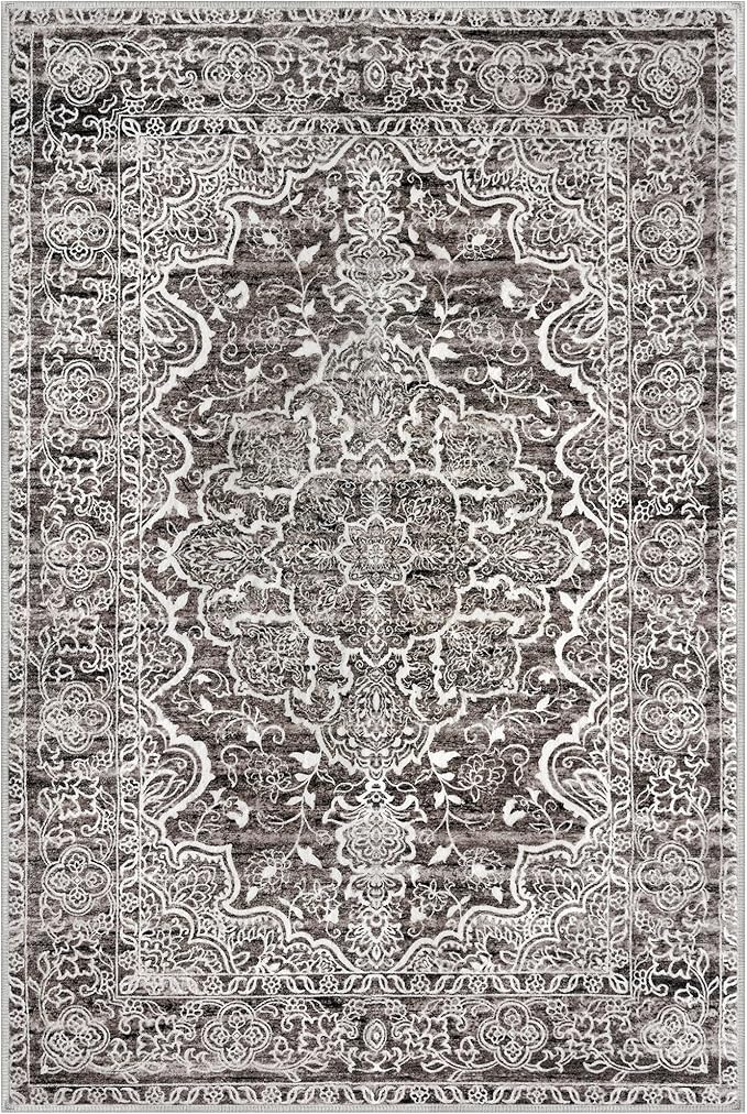 KUTA Vintage Area Rug 4x6 Living Room, Washable Rugs Distressed Tribal Tan Grey, Non-Slip Dining Room Carpet, Soft Low Pile Printed Cozy Small Area Throw for Bedroom, Nursery