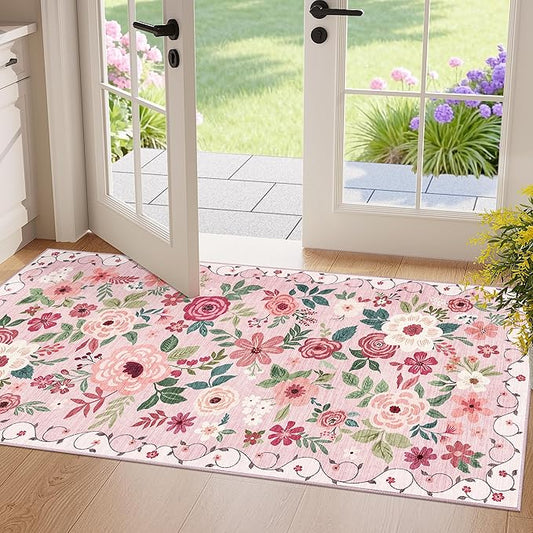 DUKINO 2x4 Rug for Entryway, Washable Kitchen Floral Runner Rug with Non Slip Backing, Low Pile Soft Boho Carpet for Kitchen, Hallway, Entryway, Laundry, Bedroom, Pink