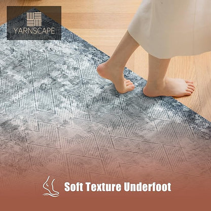 5' x 7' Washable Area Rug - Low Pile Soft Vintage Indoor Rug for Living, Dining or Bedroom - Lightweight Carpet with Non-Slip Backing - Foldable for Easy Placement, Blue