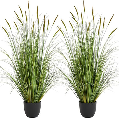 KOL 3ft 2-Pack Artificial Cattail Reed Grass, 35in Artificial Indoor Outdoor Fake Onion Grass Plant, Home Office Decorative Artificial Plants in Pot Faux Plant Greenery, Housewarming Gift, Green