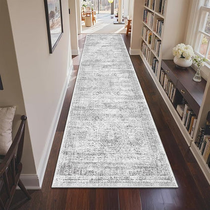 3x10 Runner Rug Non Slip Washable for Entryway, Vintage Hallway Runner for Front Porch, Laundry Room, Bedroom, Abstract Stain Resistant Thin Indoor Kitchen Mats for Floor(3'x10', Grey/Ivory)